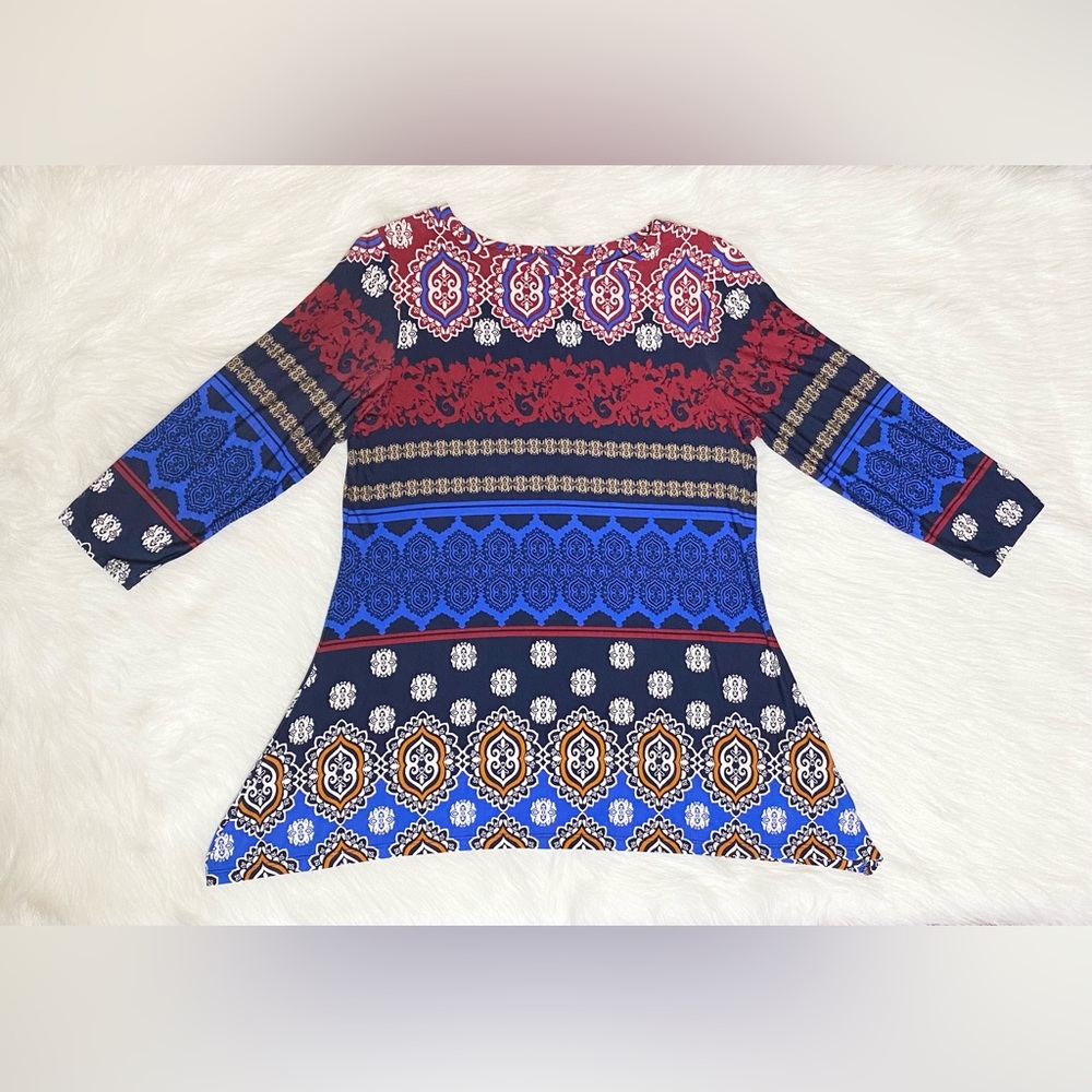 Meadllion Print 3/4 Length Sleeve Blouse. Women's Blue Casual Stretch Tunic 🔹